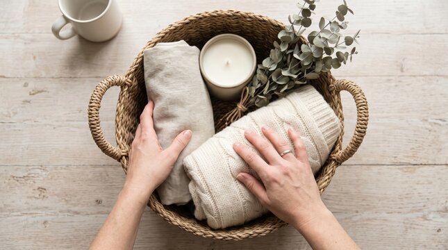 Hands tucking a folded cream knitted sweater into a woven basket containing a candle and eucalyptus