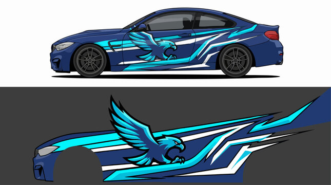 Blue sports car with eagle and lightning decal design