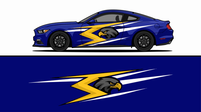 Blue sports car with eagle and lightning decal design