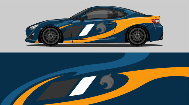 Blue sports car with racing decals on track