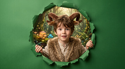 Obraz premium Child wearing deer antlers peeking through torn green paper into enchanted forest. Fantasy, children s book, imagination, education.