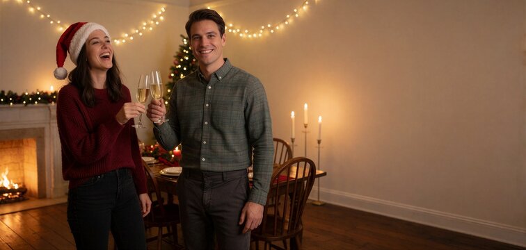 Friends celebrating Christmas in a warmly lit dining room, a woman laughs while a man toasts with champagne.