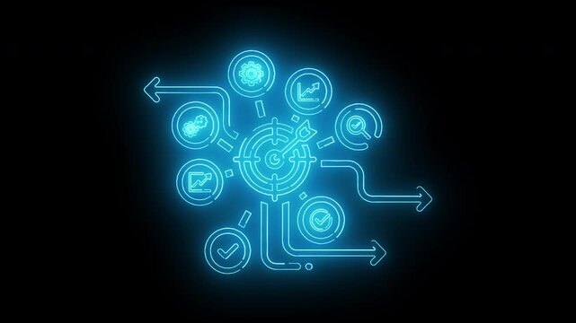 Neon blue target bullseye surrounded by dynamic icon nodes and directional arrows illustrating focused multi-channel marketing business strategy