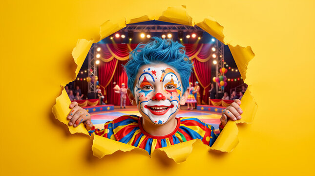 Child clown peeking through torn yellow paper into circus tent. Entertainment, performance, celebration, children s event.