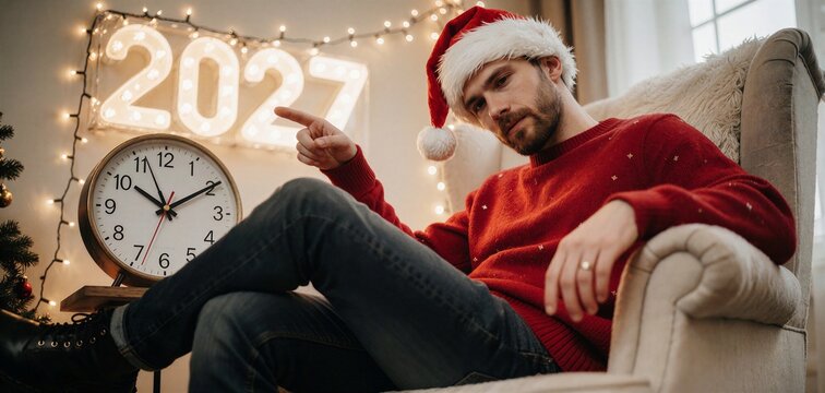 Man in Santa hat points at clock near 2027 sign, celebrating countdown to midnight on Christmas.