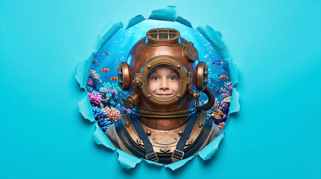 Child in vintage diving helmet peering through torn blue paper into underwater coral reef with fish. Education, adventure, marine biology, tourism.