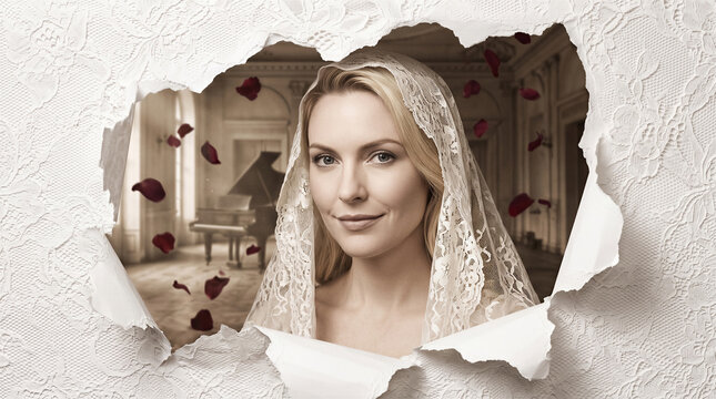 Woman in wedding veil looking at camera through torn lace paper. Red rose petals falling, grand piano visible behind. Wedding, bridal, romance, luxury event.