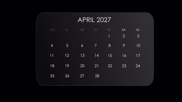 April 2027 monthly calendar animation on dark background with alpha channel, suitable for planning, scheduling, date, business and time management projects