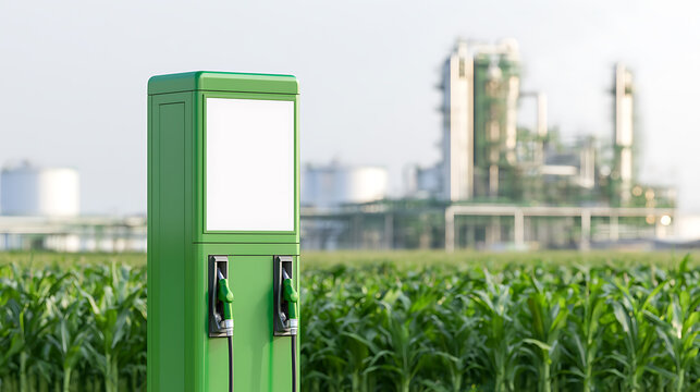 Green bio fuel dispenser in corn field with industrial plant background, renewable energy and sustainable agriculture concept mockup banner