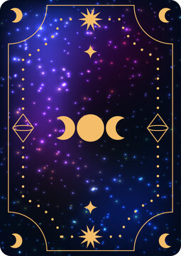 Mystical tarot card back design template with triple moon symbol, stars, and gold ornate frame on cosmic galaxy background. Vector illustration