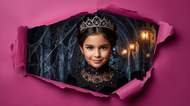 Young girl dressed as vampire princess peeking through torn pink paper. Halloween costume, fantasy theme, children s party, cosplay.