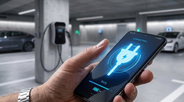 Smart mobile app controlling electric vehicle charging. Smartphone displaying blue plug icon in underground parking garage