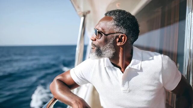 A confident African American mature man wearing sunglasses leans relaxed on the railing of a yacht, looking out to sea. The concept of luxury vacation, travel, active longevity