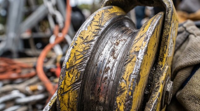 Close up of a worn yellow metal pulley with heavy scratches and rust from industrial use.