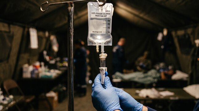 Intravenous saline drip bag in military field hospital tent close up.