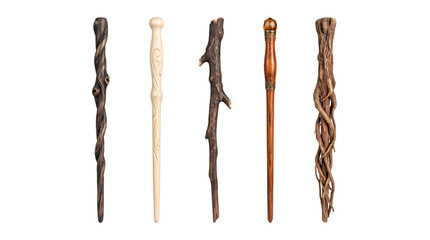 A collection of five different fantasy wizard magic wands crafted from various woods and intricate designs presented as isolated on transparent background © Lisa
