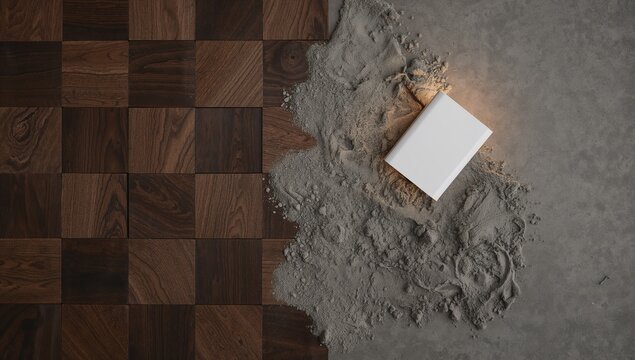 Dark Wood Parquet Flooring and Gray Concrete with White Block