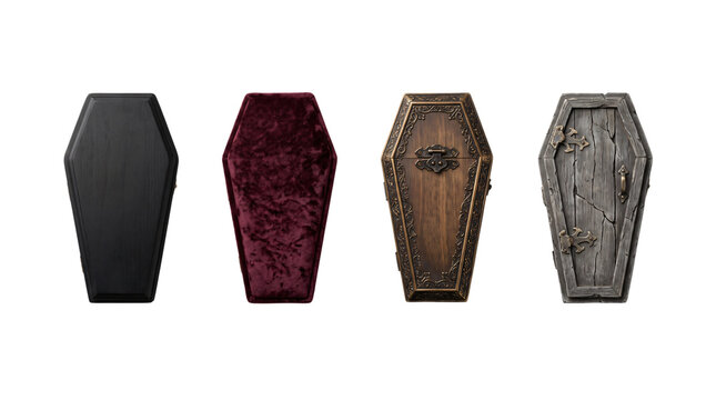 A collection of four different decorative funeral coffins and caskets displayed in a row presented as an isolated on transparent background