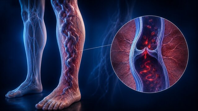 3D Medical Illustration of Varicose Veins in Human Legs with Close-up of Malfunctioning Venous Valve and Blood Reflux