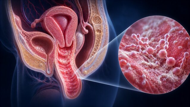 3D Medical Illustration of Female Reproductive System with Microscopic Detail of Vaginal Infection