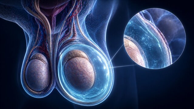 3D Medical Illustration of Male Reproductive Anatomy with Detailed Scrotum and Testicular Hydrocele Visualization