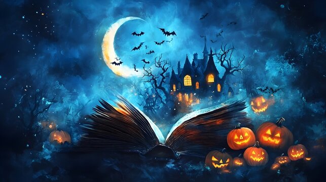 Open magical book summoning glowing jack-o'-lanterns and bats near haunted mansion on Halloween night