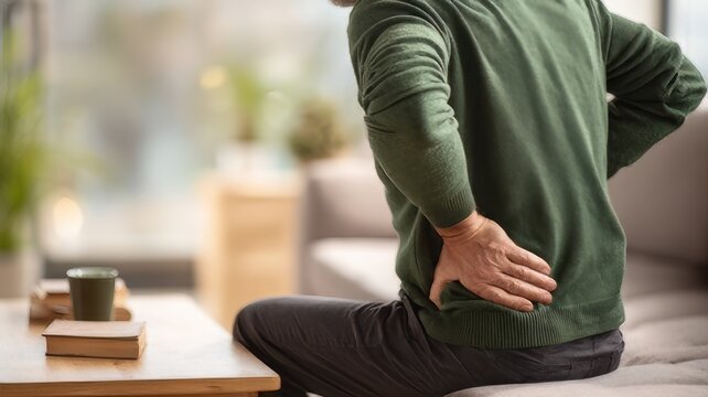 Lower back pain, man holding aching spine in living room. Chronic backache and muscle strain, kidney pain concept.