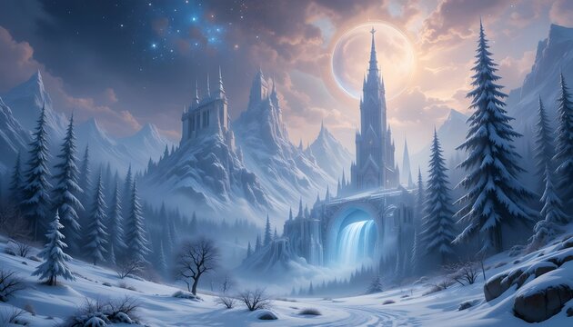 Majestic winter fantasy tower with waterfall flowing into snowy valley and giant planet in sunset sky. Generative AI