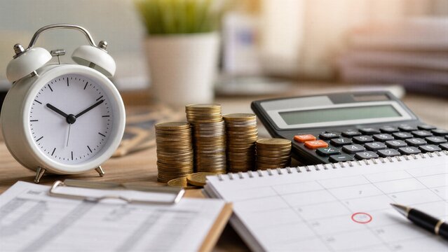 Alarm clock, coins, calculator, and calendar for bill payment, budgeting, and personal finance.
