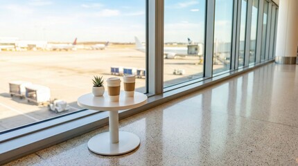 Fototapeta premium Hot beverages waiting for travelers on a lounge stand with runway view. Relaxing coffee break before boarding a flight. Generative AI.