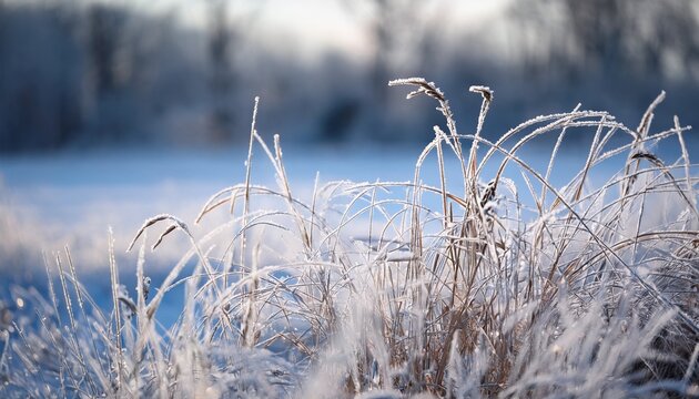 Fragile Grass Stalks Covered In Thin Frozen Layer With Blurred Snowy Background Behind