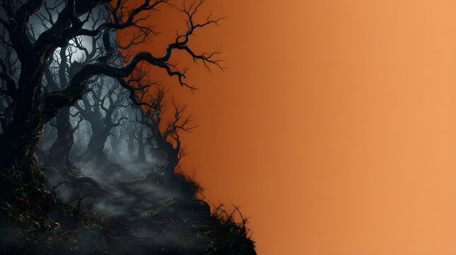 A dark silhouette of a bare tree against a vibrant orange sunset sky background
