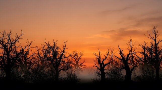 Silhouetted trees against a vibrant orange and pink sunset sky at dusk