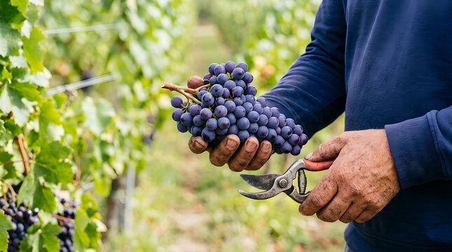 Close up of dirty farmer hands holding fresh purple grapes and pruning shears. Agricultural worker harvesting fruit in a vineyard