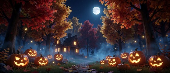 Fototapeta premium Spooky halloween pumpkins with glowing faces in a dark misty forest at night under the bright full moon