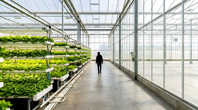 Modern hydroponic greenhouse with multi-tiered lettuce growing system. Silhouetted farmer walking in an indoor agricultural facility