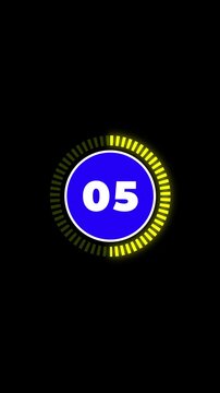 Simple vertical countdown timer from 09 to 00 featuring a blue central circle and yellow glowing progress ring on a black background for motion graphics and video overlays