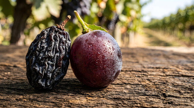 Close-up of a dried raisin and a fresh purple grape on a wooden surface. Contrast between fresh and dried fruit in a sunlit vineyard