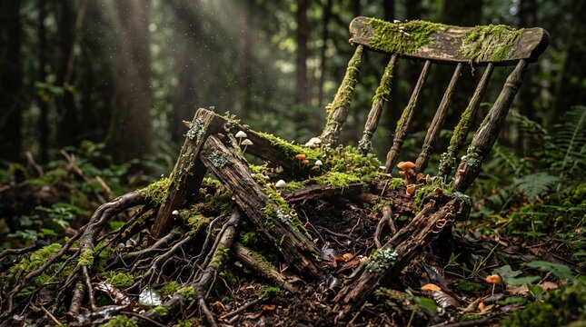 An old, broken wooden chair covered in green moss, mushrooms, and tree roots on the forest floor with sunlight filtering through the trees.