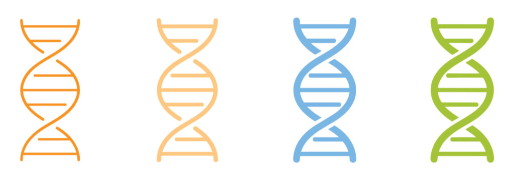 DNA Helix Icons in Different Colors: A collection of stylized DNA double helix icons in orange, blue, and green, representing genetics, biology, and science.
