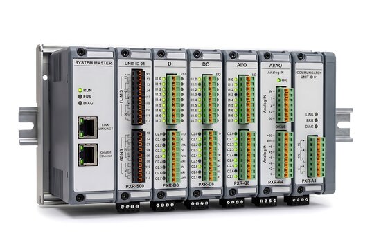 Industrial modular programmable logic controller PLC rack unit with IO modules isolated on white background
