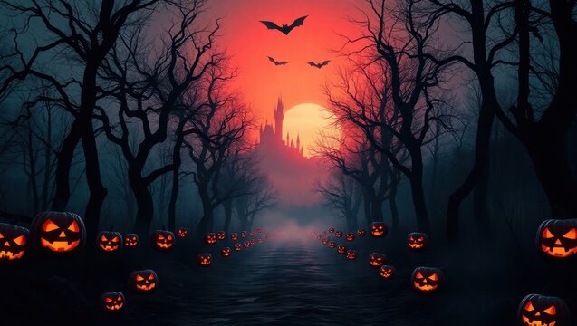 Haunted Halloween night with pumpkins and castle.
