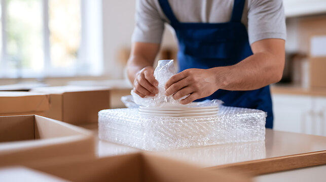 Professional worker pack fragile ceramic plate with bubble wrap inside cardboard box, careful preparation for safe relocation and delivery