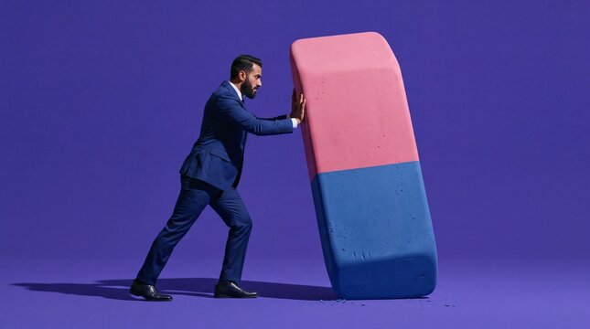 Businessman Pushing Giant Eraser to Correct Mistake