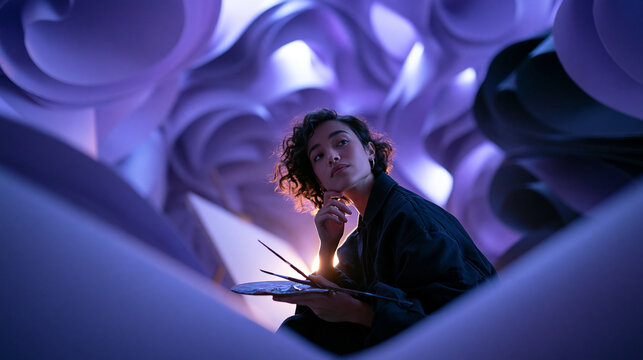 Contemplative Female Artist Holding Palette in Abstract Studio