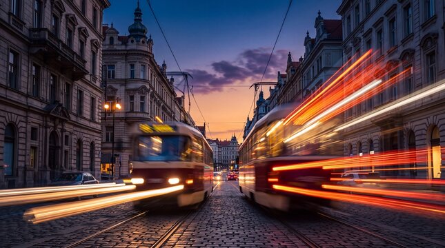 Trams in Motion on Cobblestone Street at Dusk
