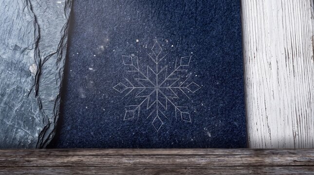 Empty Wooden Table with Snowflake and Slate Winter Background