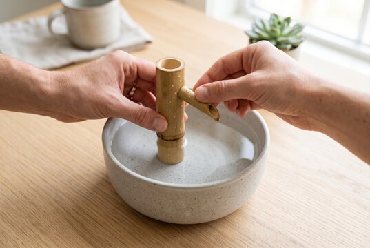 Hands assembling a bamboo spout component for a small tabletop water fountain