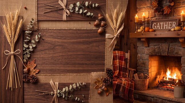 Thanksgiving Autumn Background with Fireplace and Copy Space Frame