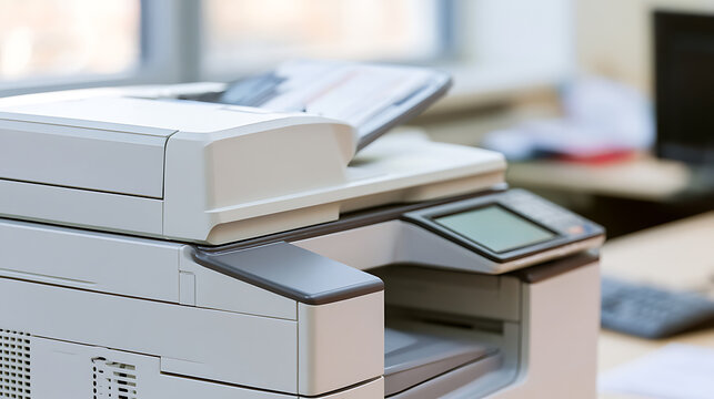 Modern office printer machine on work desk in corporate workspace close up view, device for business document management and paper copy function